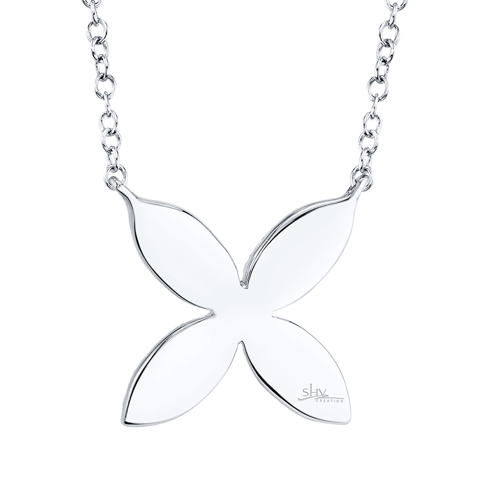 White gold diamond flower pendant necklace, back view