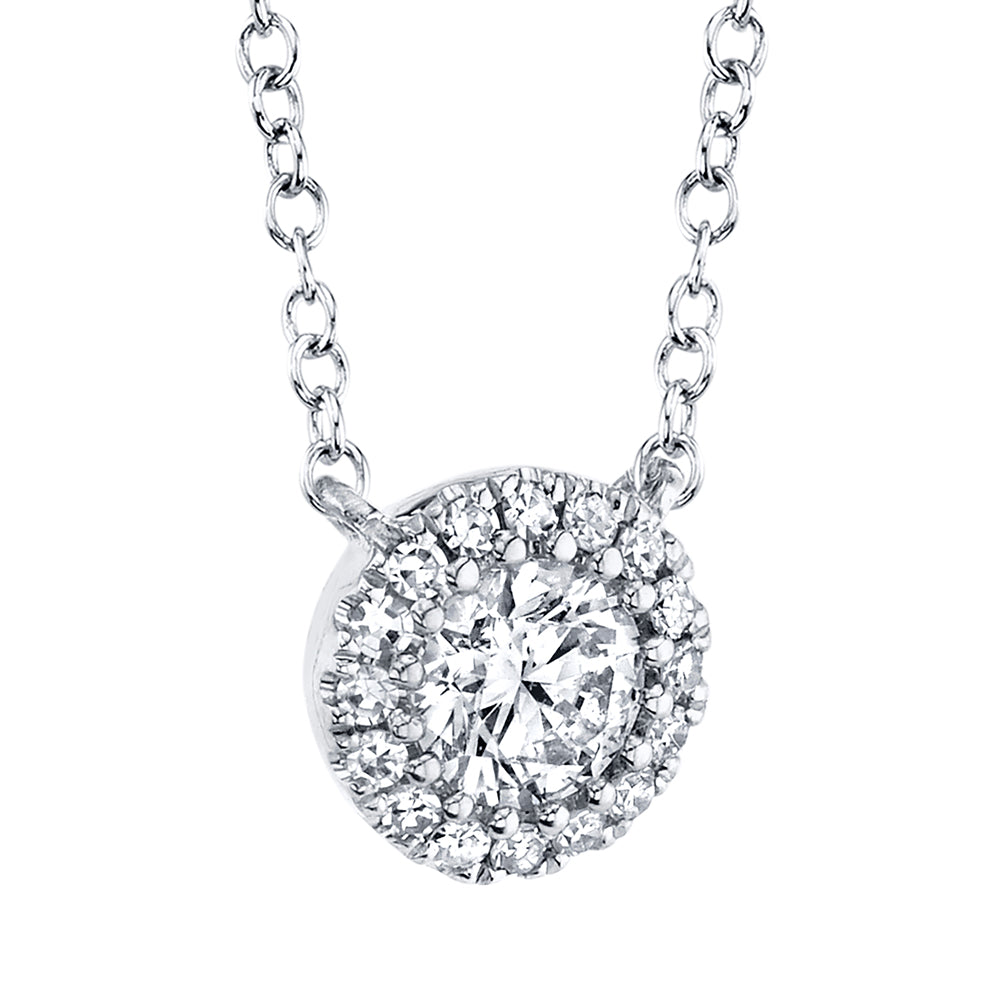 White gold diamond halo pendant, front angle view