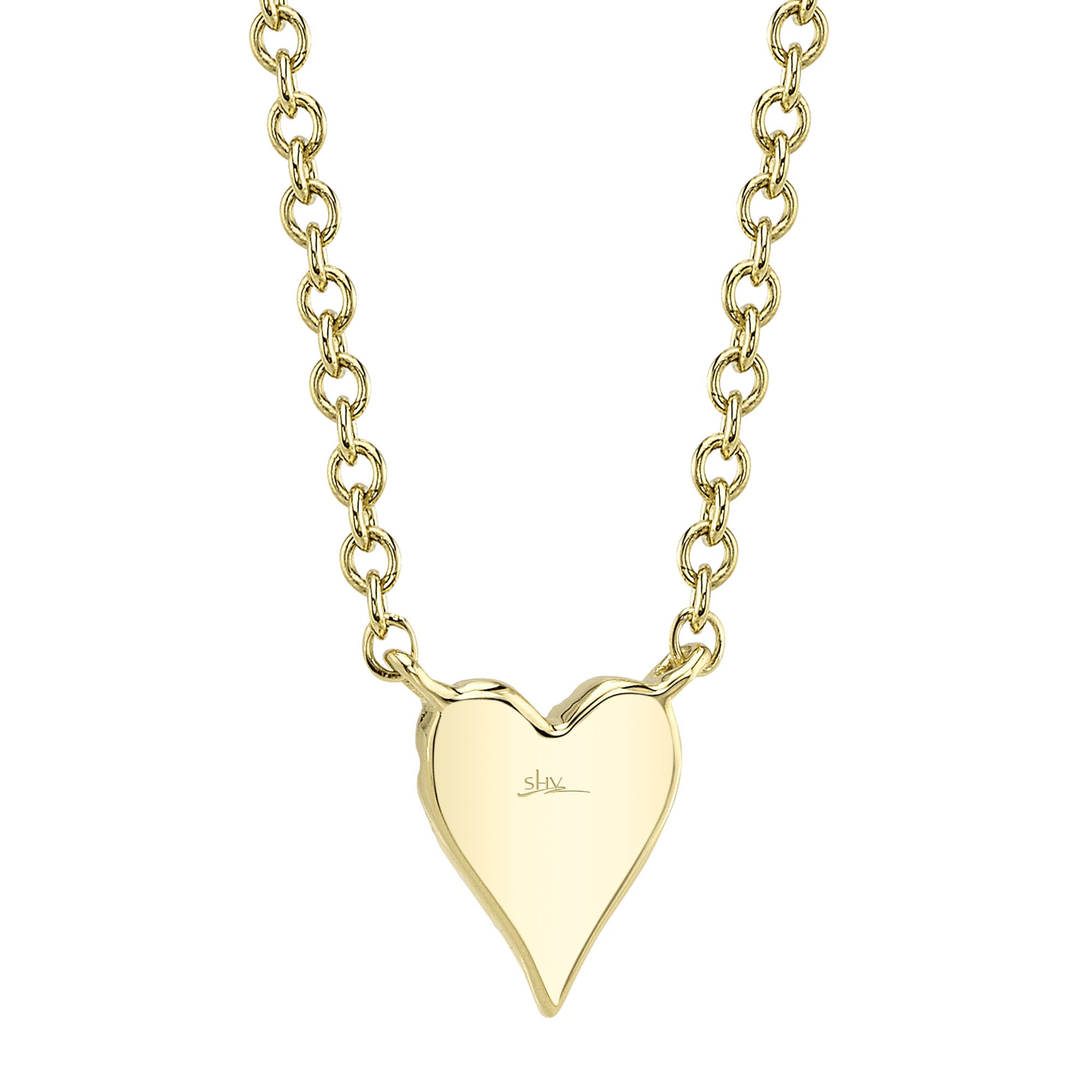 Back view of gold heart-shaped necklace on a white background