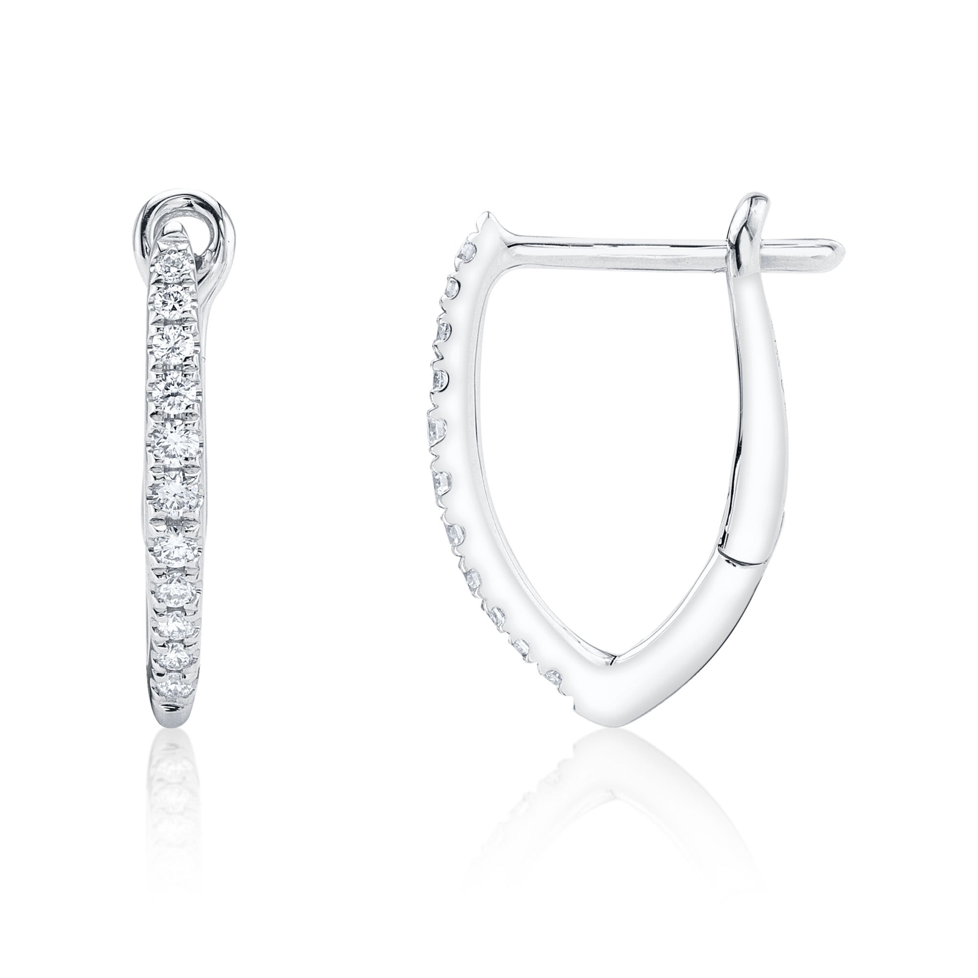 White gold diamond hoop earrings, upright side view