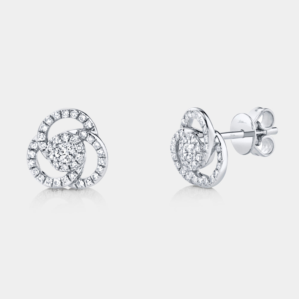White gold diamond love knot stud earrings, front angle view