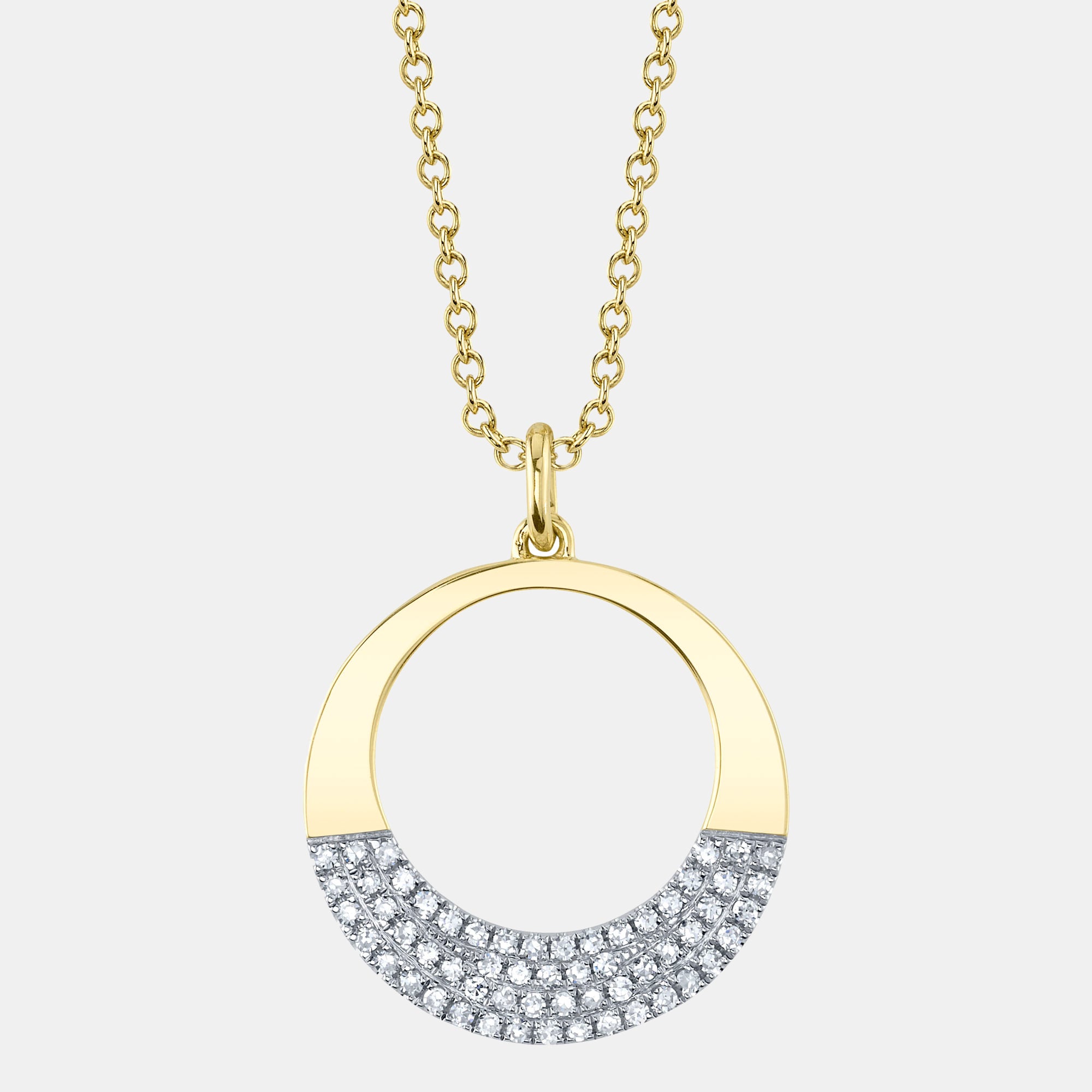 Yellow and white gold diamond circle necklace, front view
