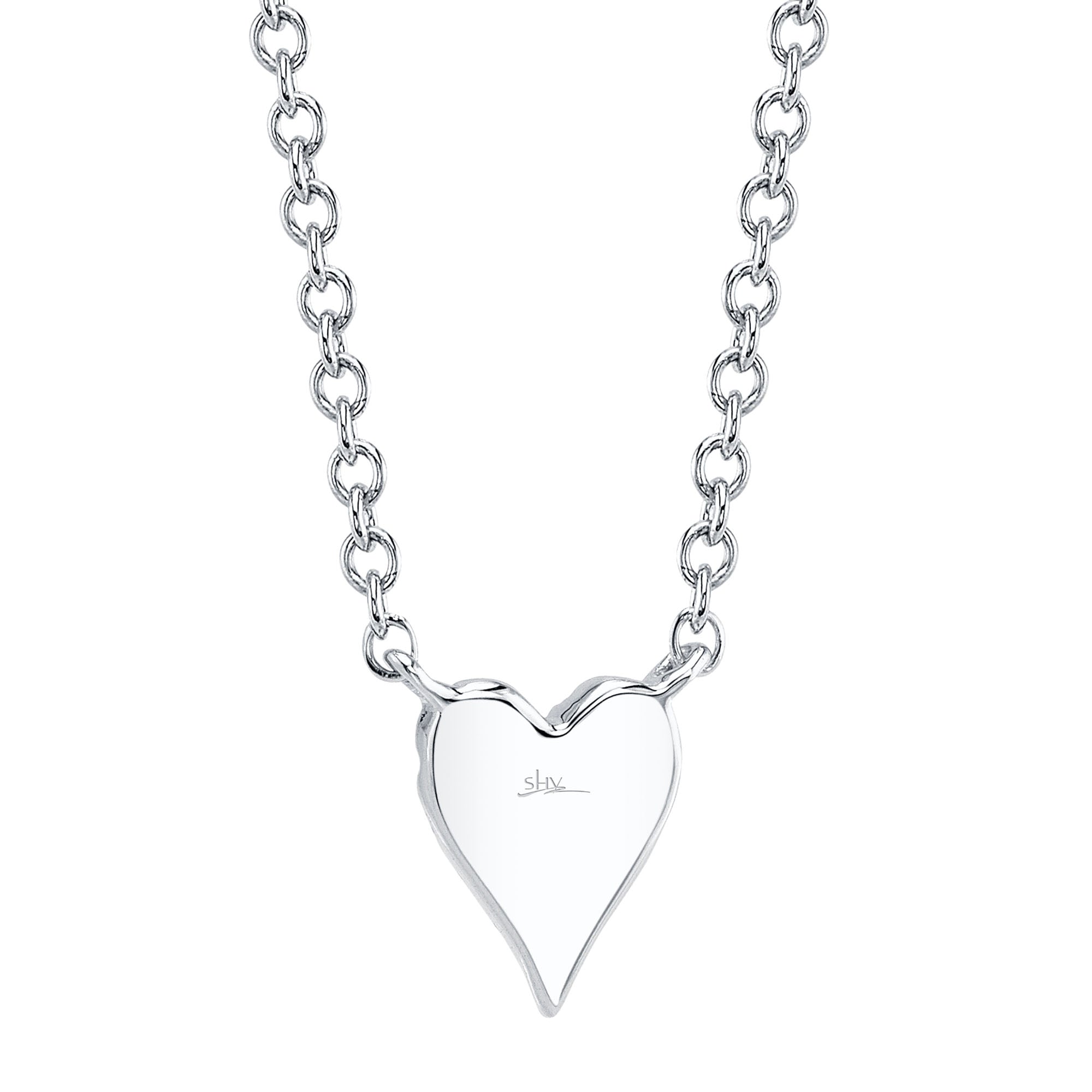 Back view of white Gold heart-shaped pendant necklace on a white background