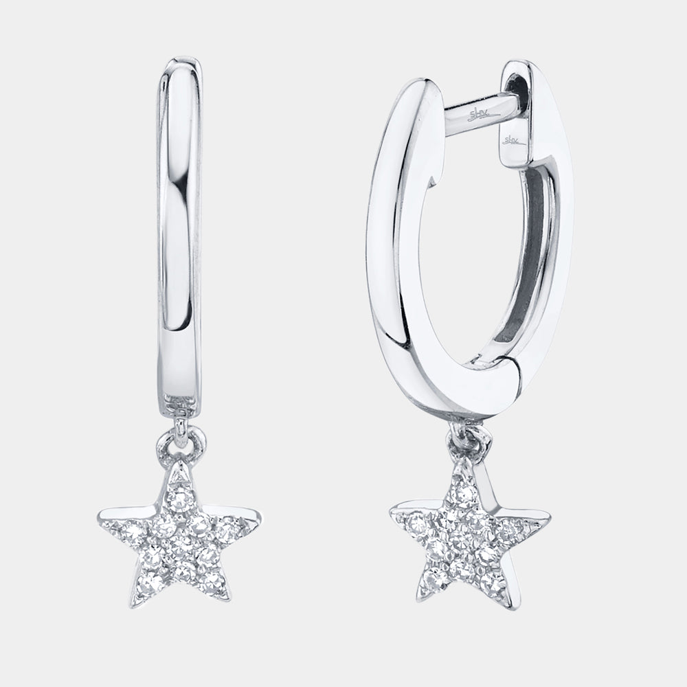 White gold diamond star huggie earrings, front view