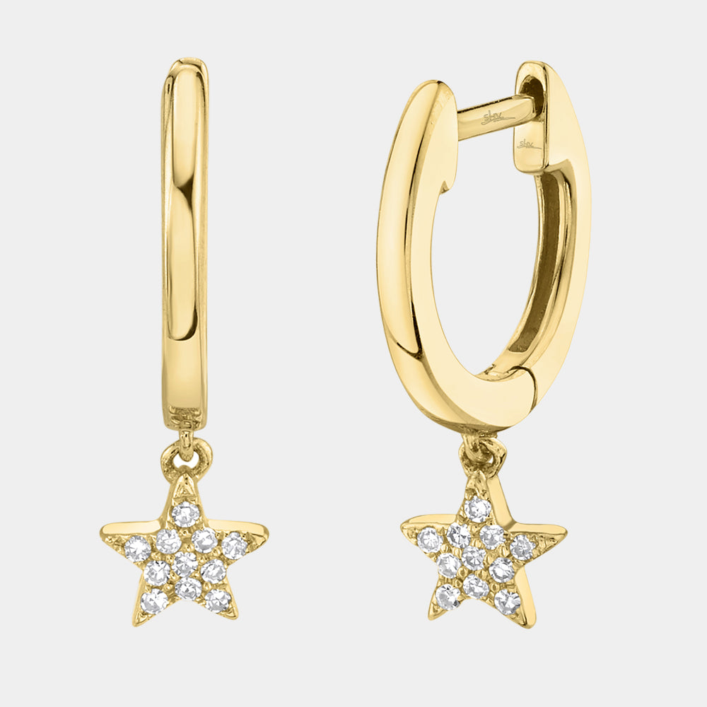 Yellow gold diamond star huggie earrings, front view