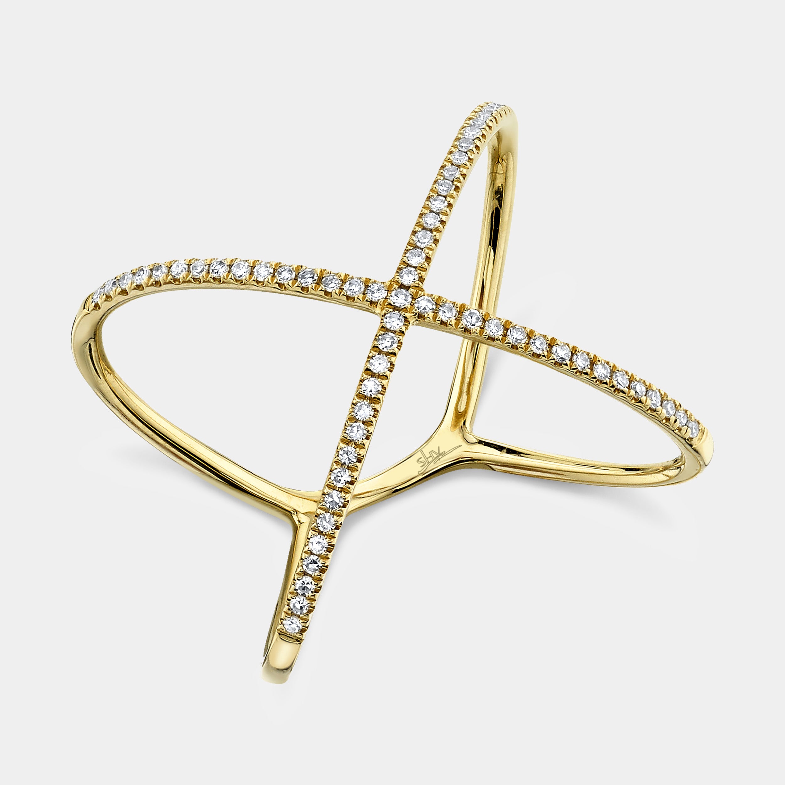 Yellow gold diamond "x" shaped ring, top view