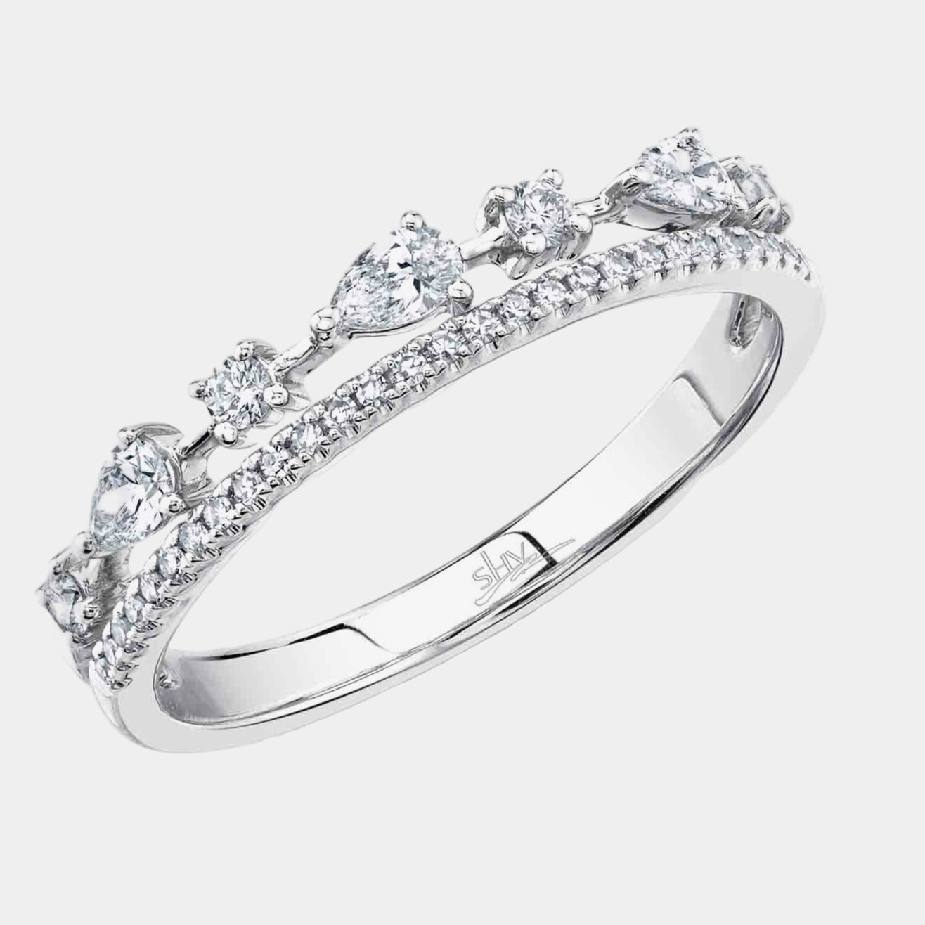 White gold pear shaped diamond two row fashion ring, top angle view