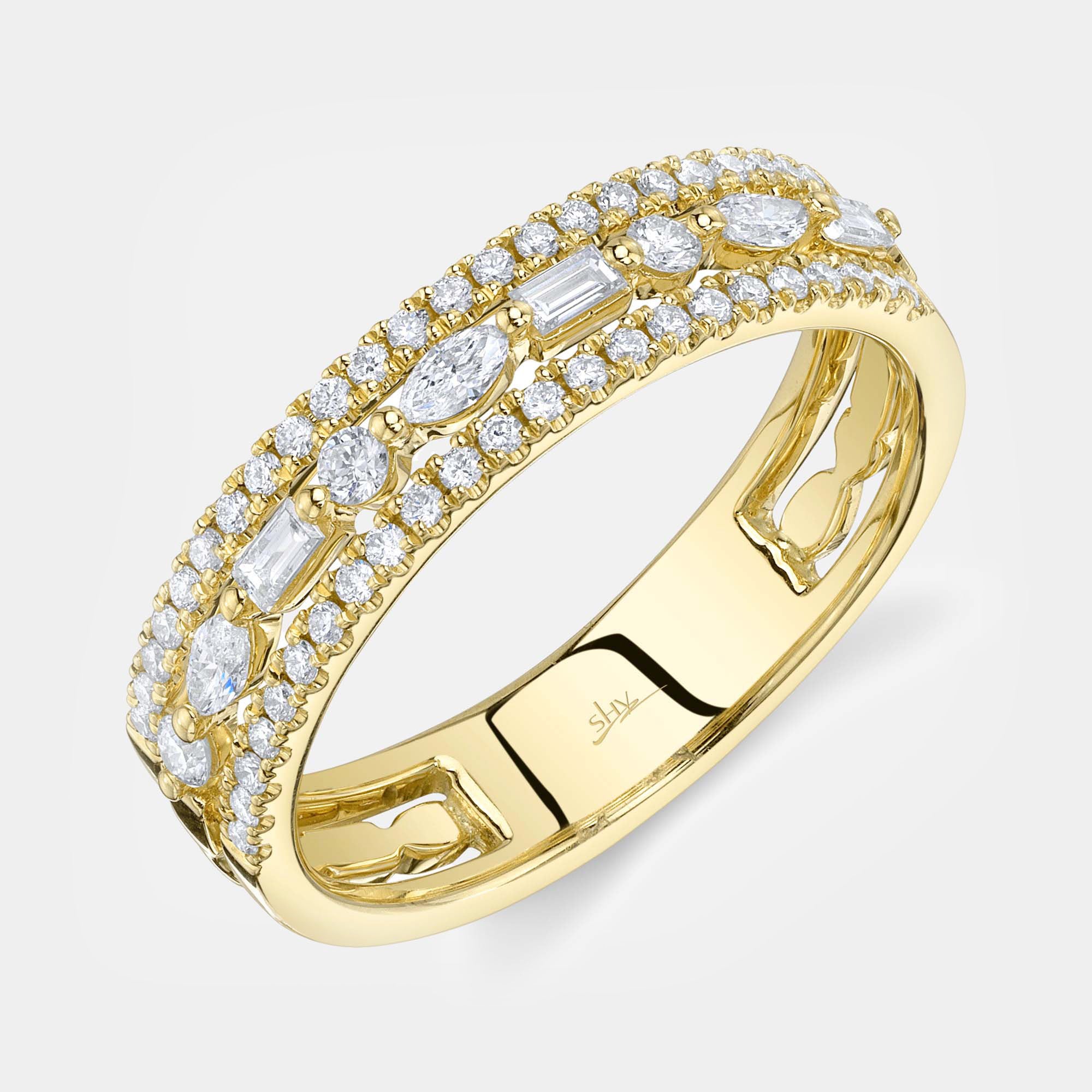 Yellow gold, mixed diamond shapes stacking fashion ring, top angle view