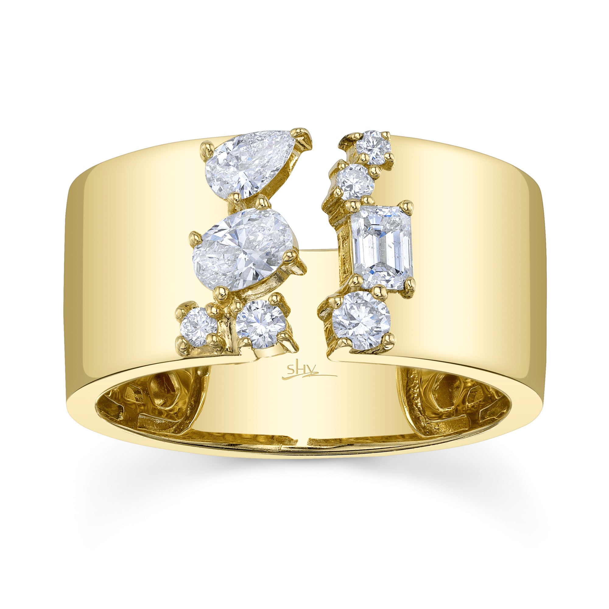 Yellow gold emerald pear and oval shaped diamond cocktail ring, front  view