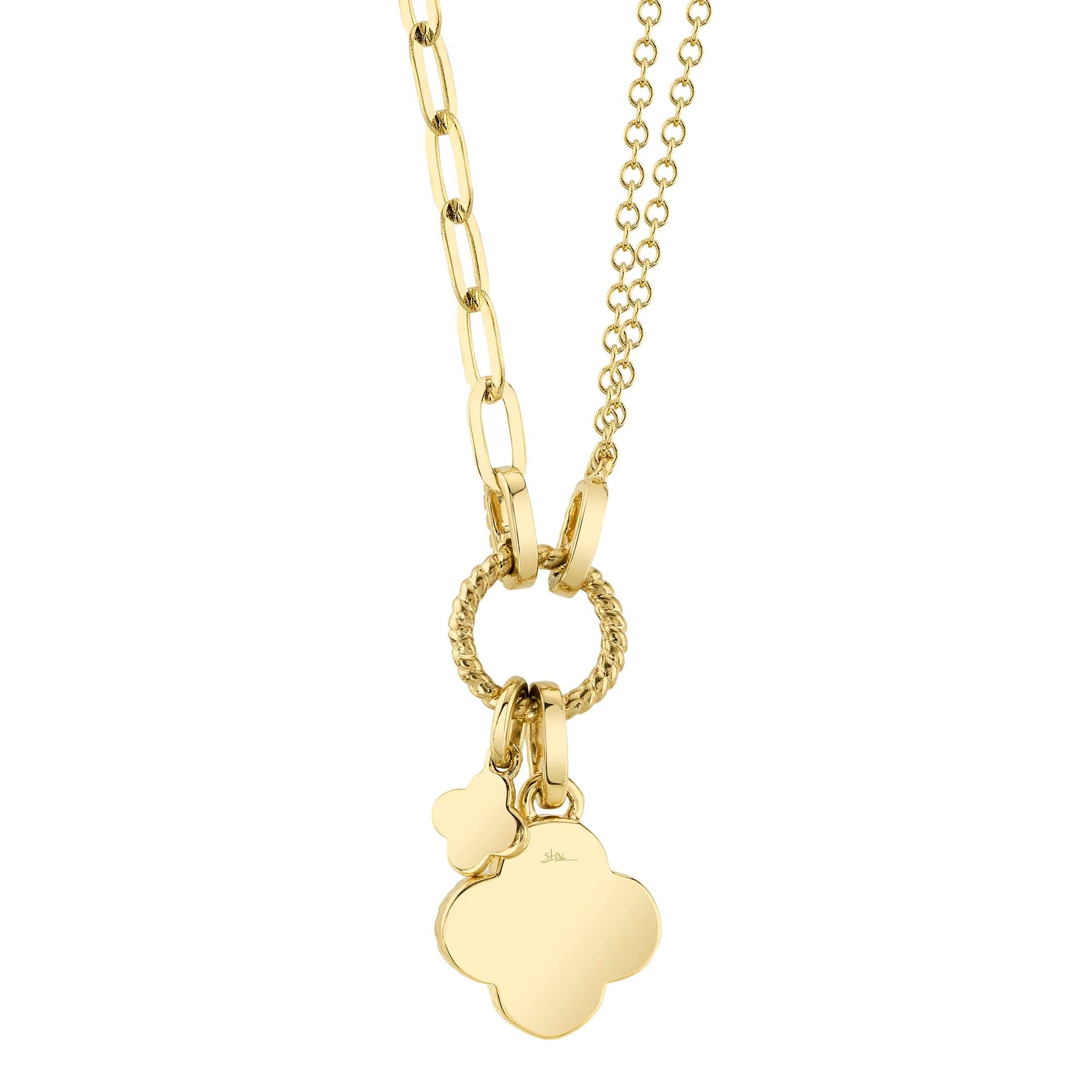 Yellow gold diamond clover necklace with white mother of pearl inlay, back view