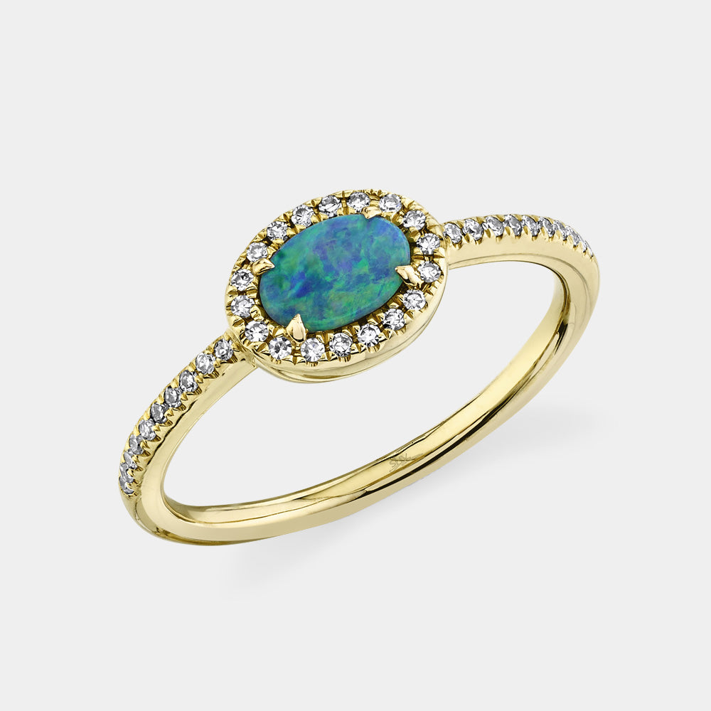 Yellow gold opal and diamond cocktail ring, front angle view