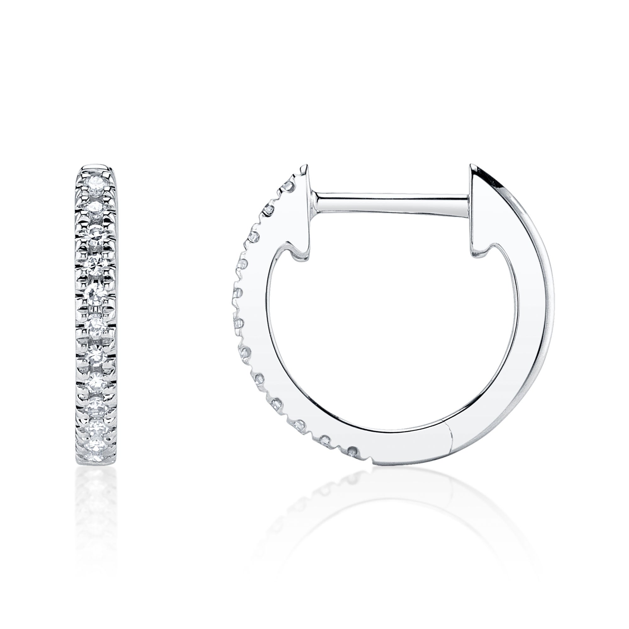 White gold diamond huggie earrings, side view