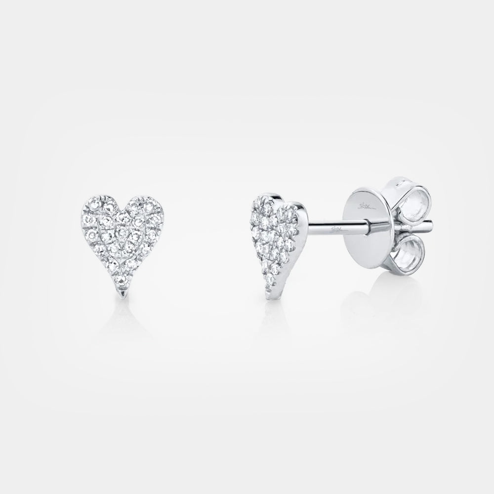 White gold pave heart diamond stud earrings front angle view