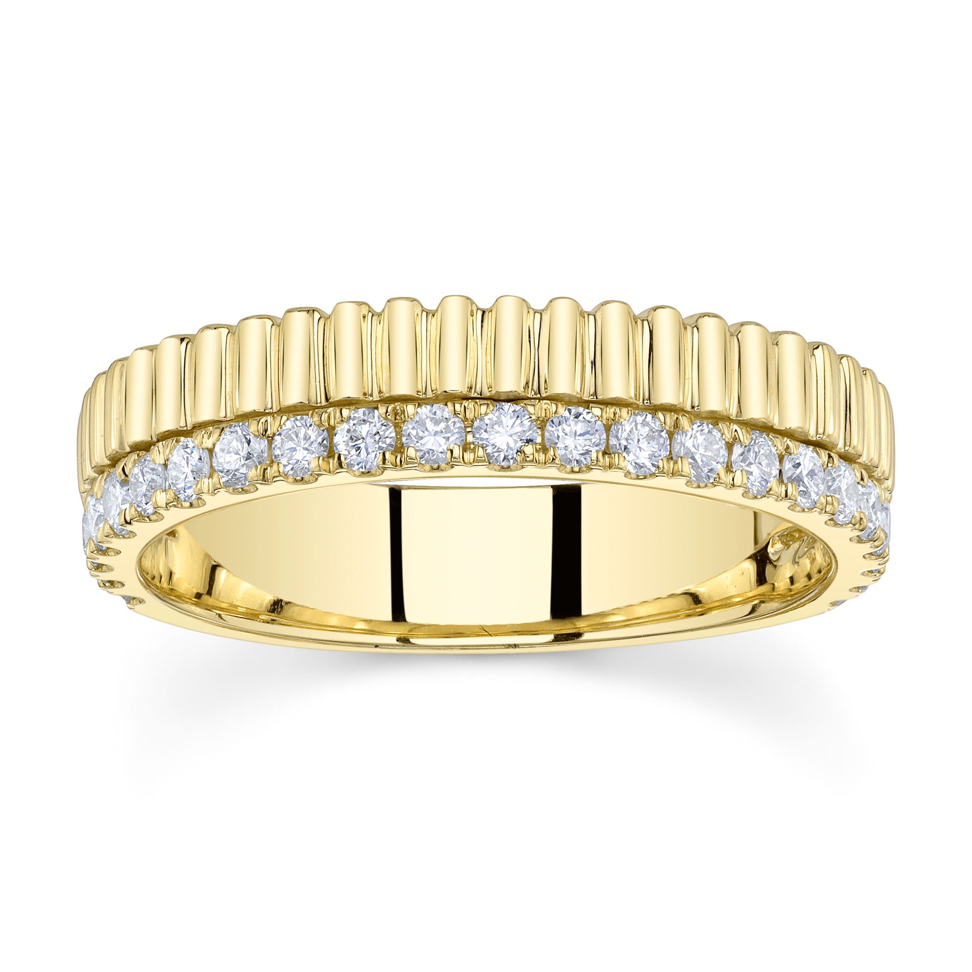 Yellow gold ribbed diamond fashion ring, front view