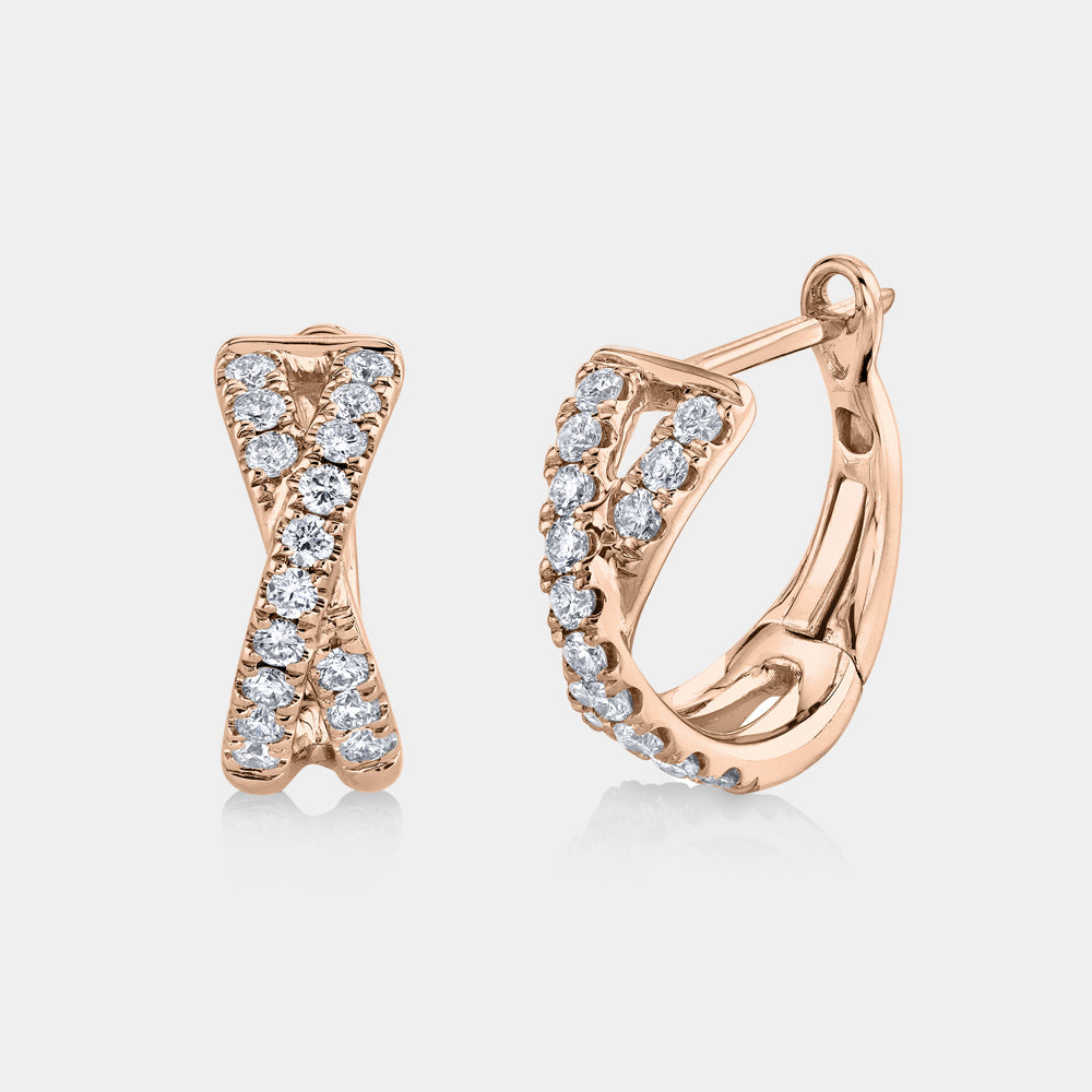 Rose gold twist diamond huggie earrings, front and side angles
