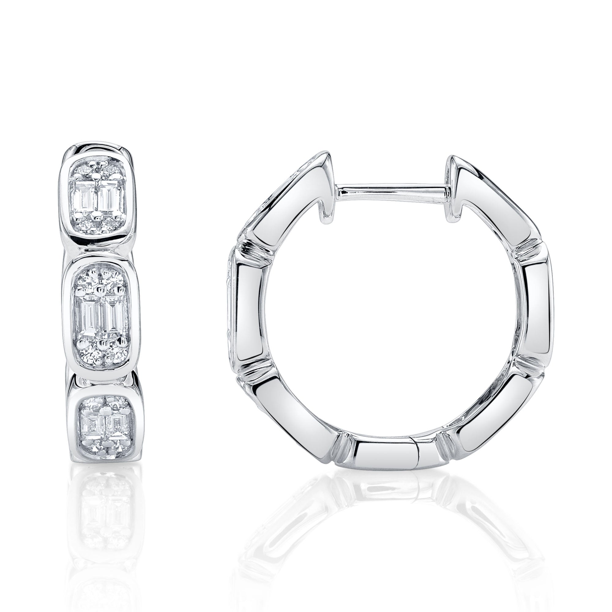 White gold baguette diamond octagon hoop earrings, side angle view