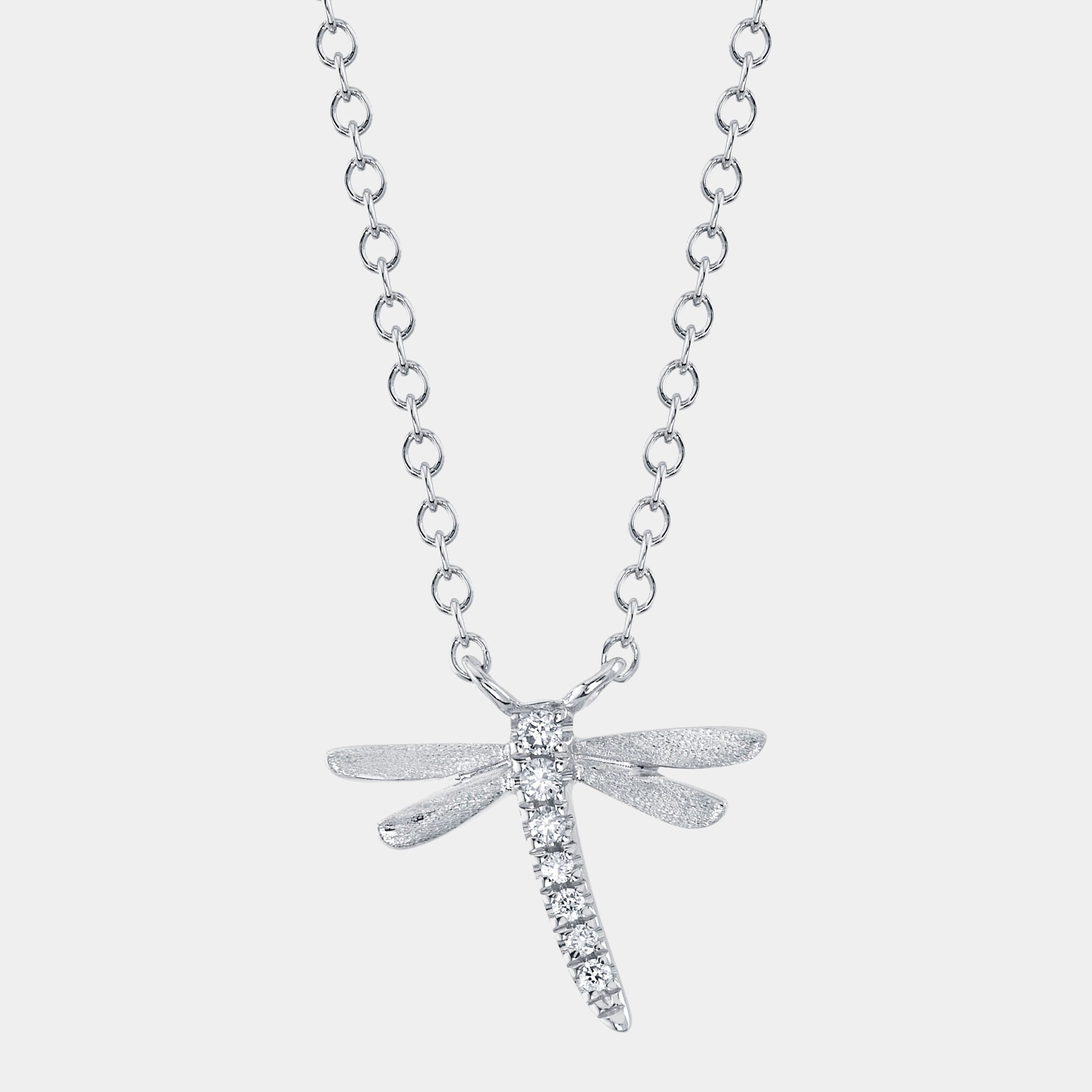 White gold diamond dragonfly necklace, front view