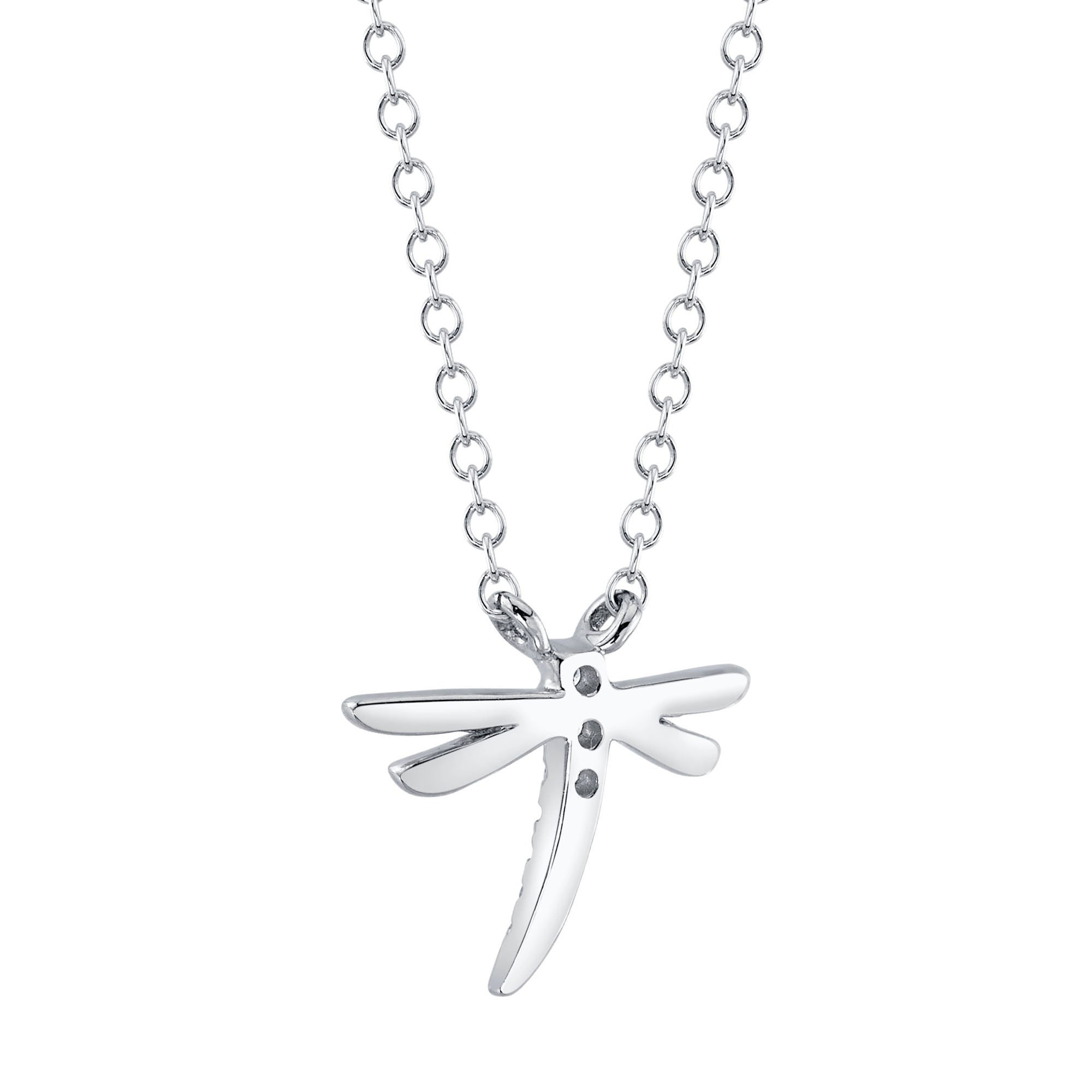 White gold diamond dragonfly necklace, back view