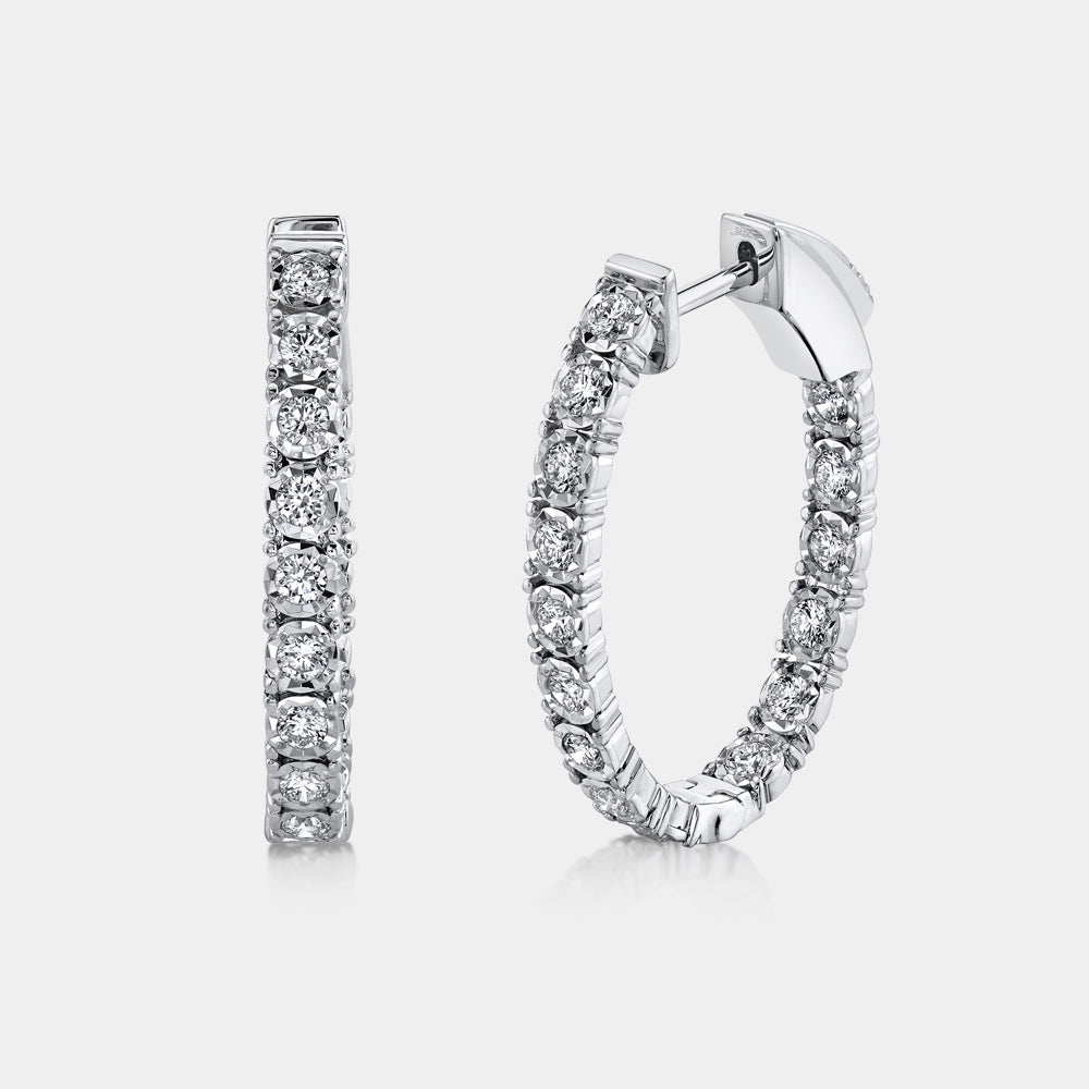 White gold diamond hoop earrings, front angle view
