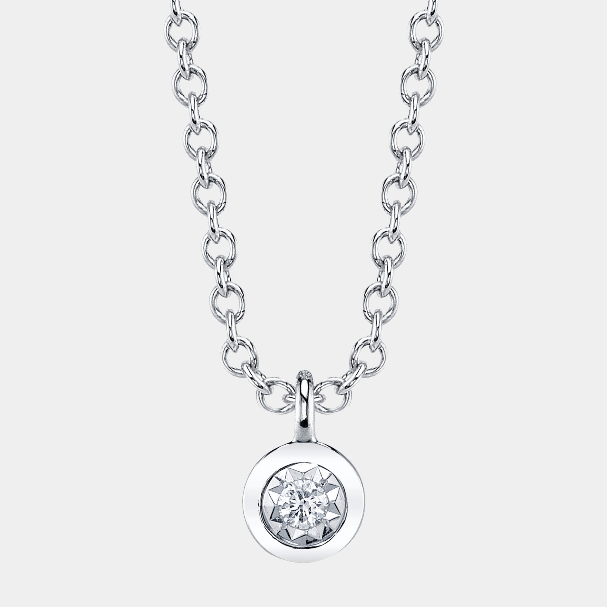 White gold bezel-set diamond pendant necklace, front view