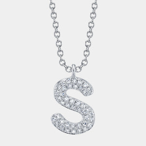 Initial White Gold Diamond Letter S Pendant Necklace