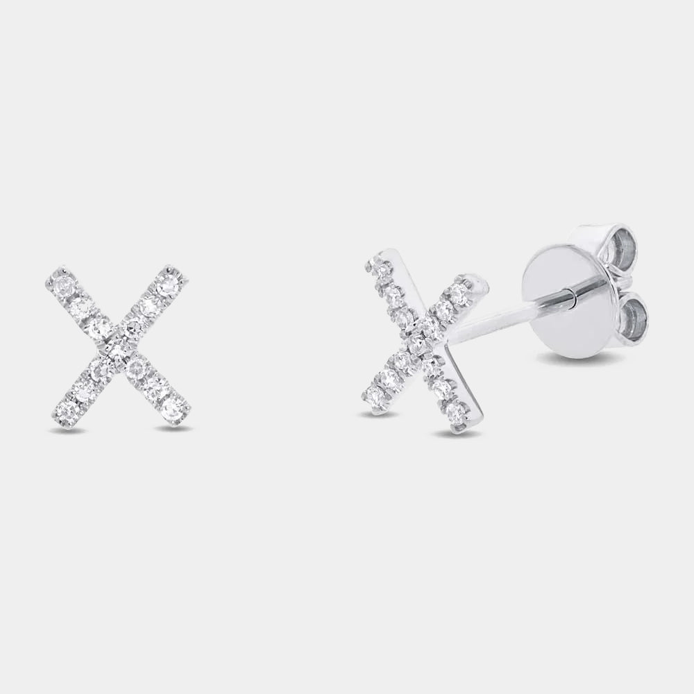 White gold diamond x stud earrings, front angle view