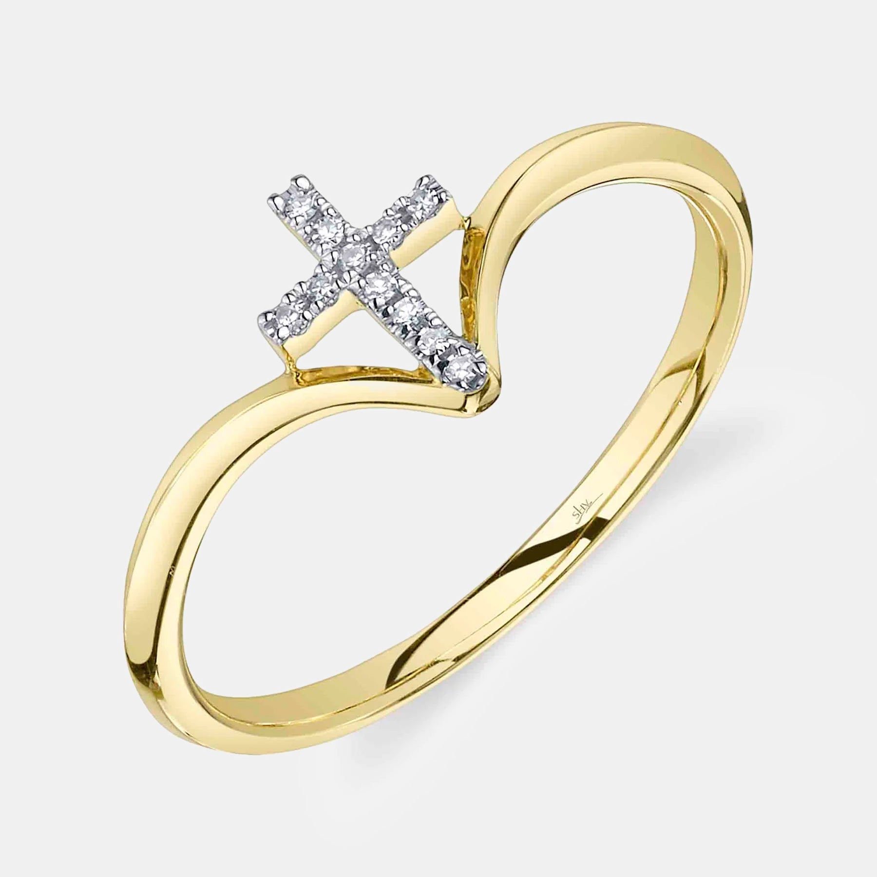 Yellow gold diamond cross ring, top view