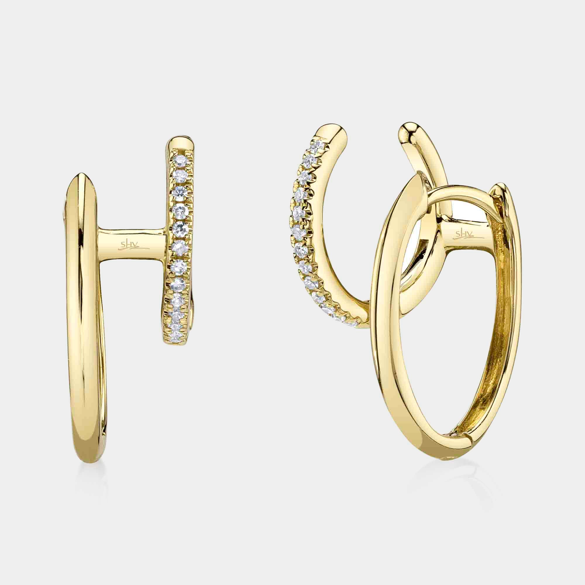 Yellow gold diamond double huggie earring, front angle view