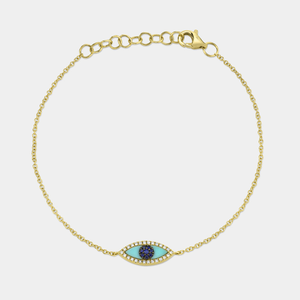 Yellow gold diamond and turquoise evil eye bracelet, front view