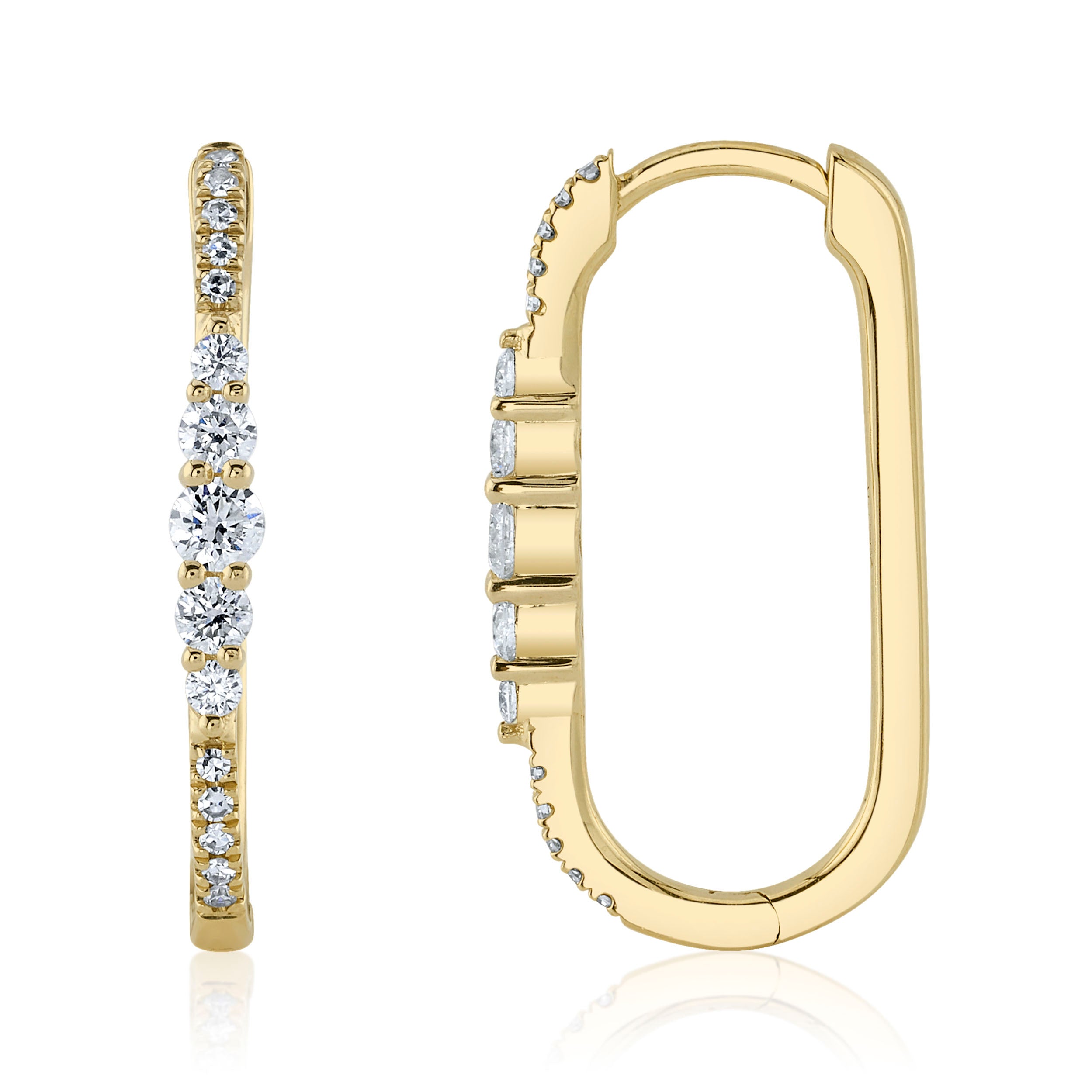 Yellow gold diamond hoop earrings, side angle view