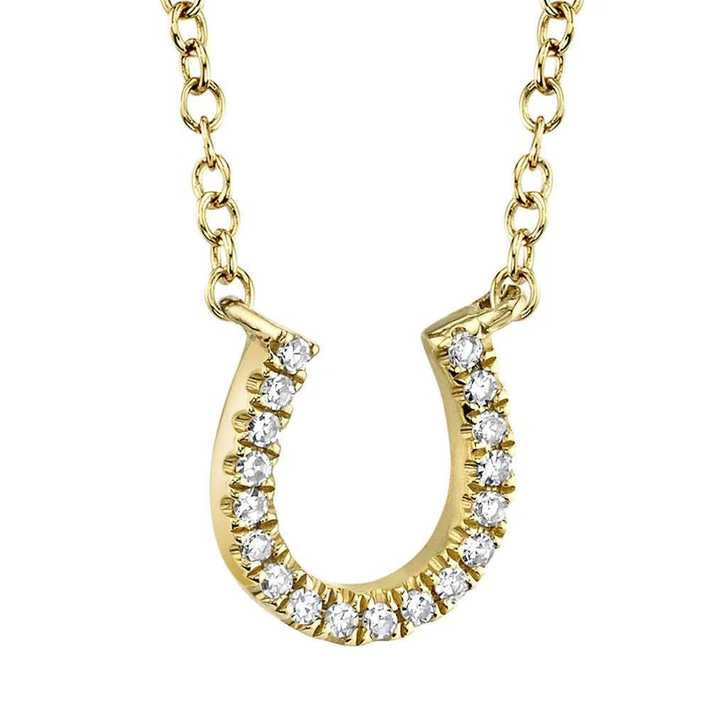 Yellow gold diamond horseshoe necklace, front angle view
