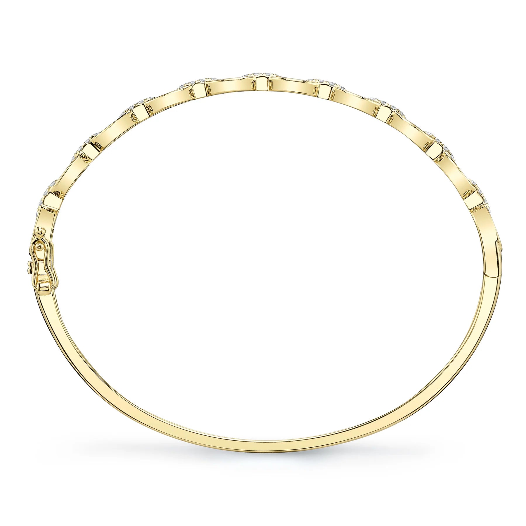Yellow gold diamond link bracelet, side upright view