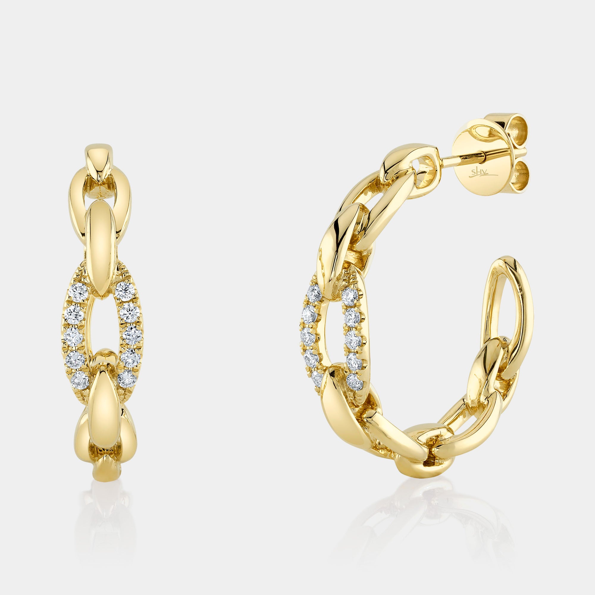 Yellow gold diamond paperclip link hoop earrings, front angle view
