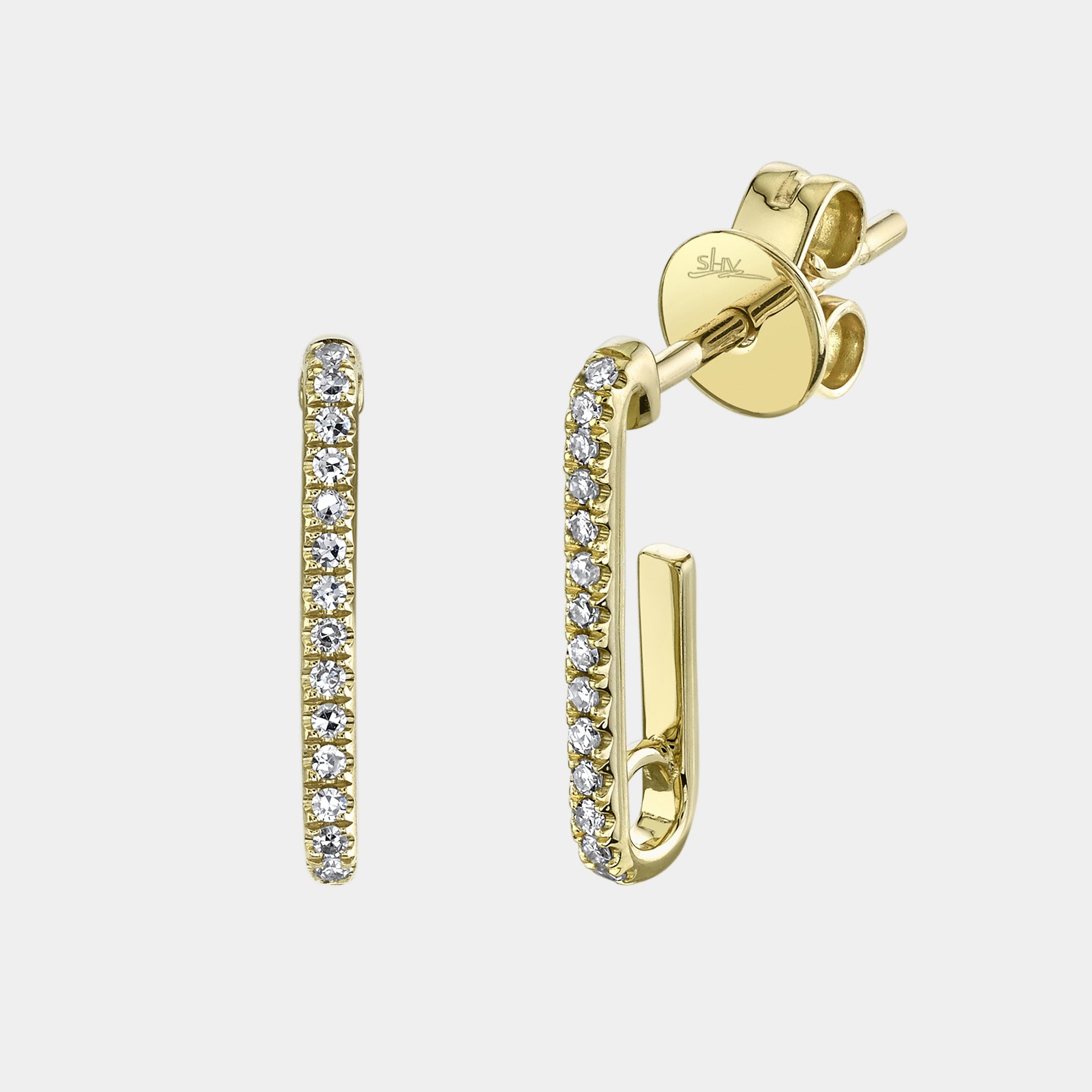 Yellow gold diamond paperclip drop earrings, front angle view