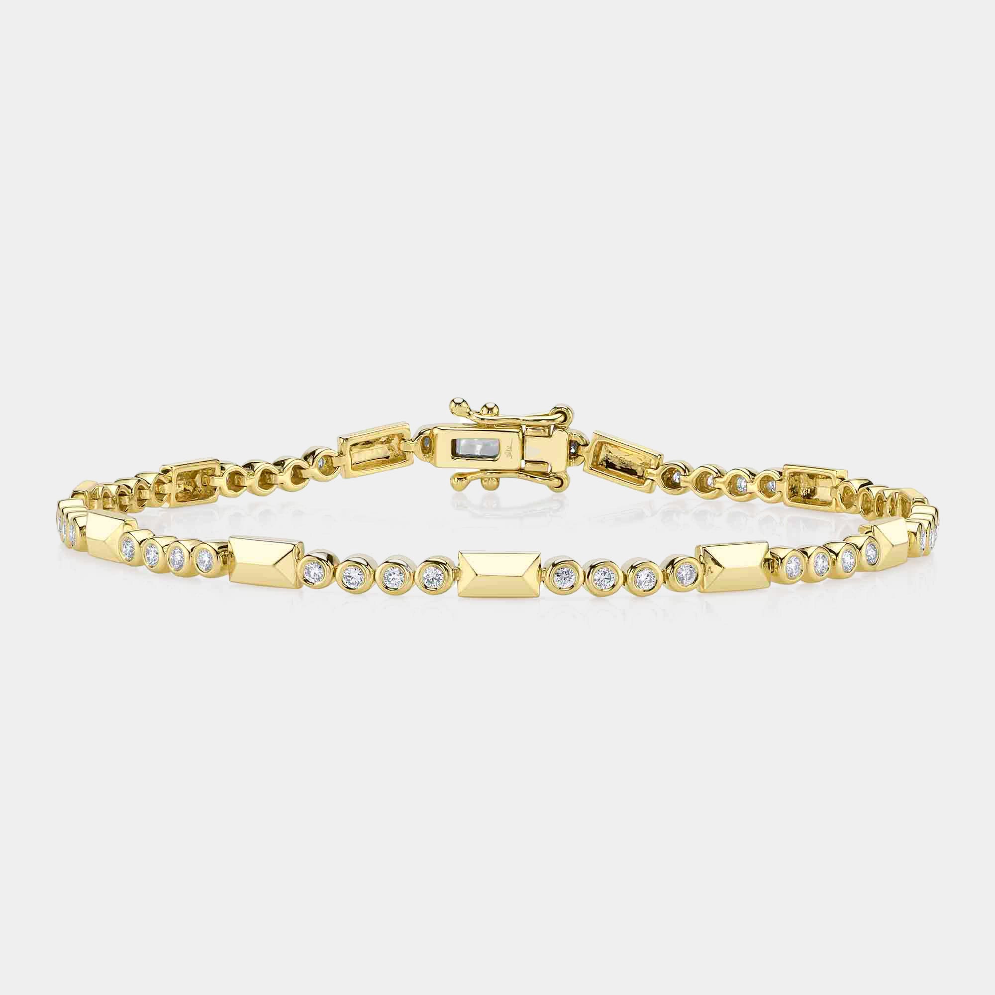 Yellow gold geo cut diamond tennis bracelet, front view