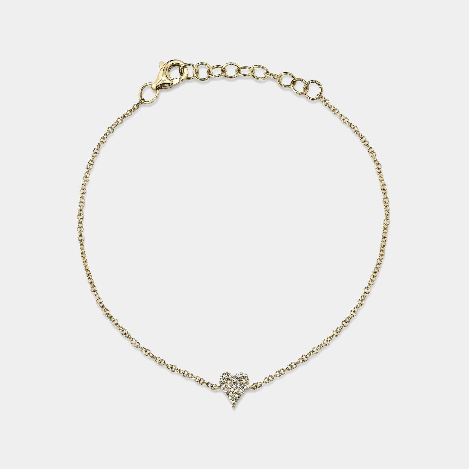 Yellow gold pave diamond charm bracelet, front angle view