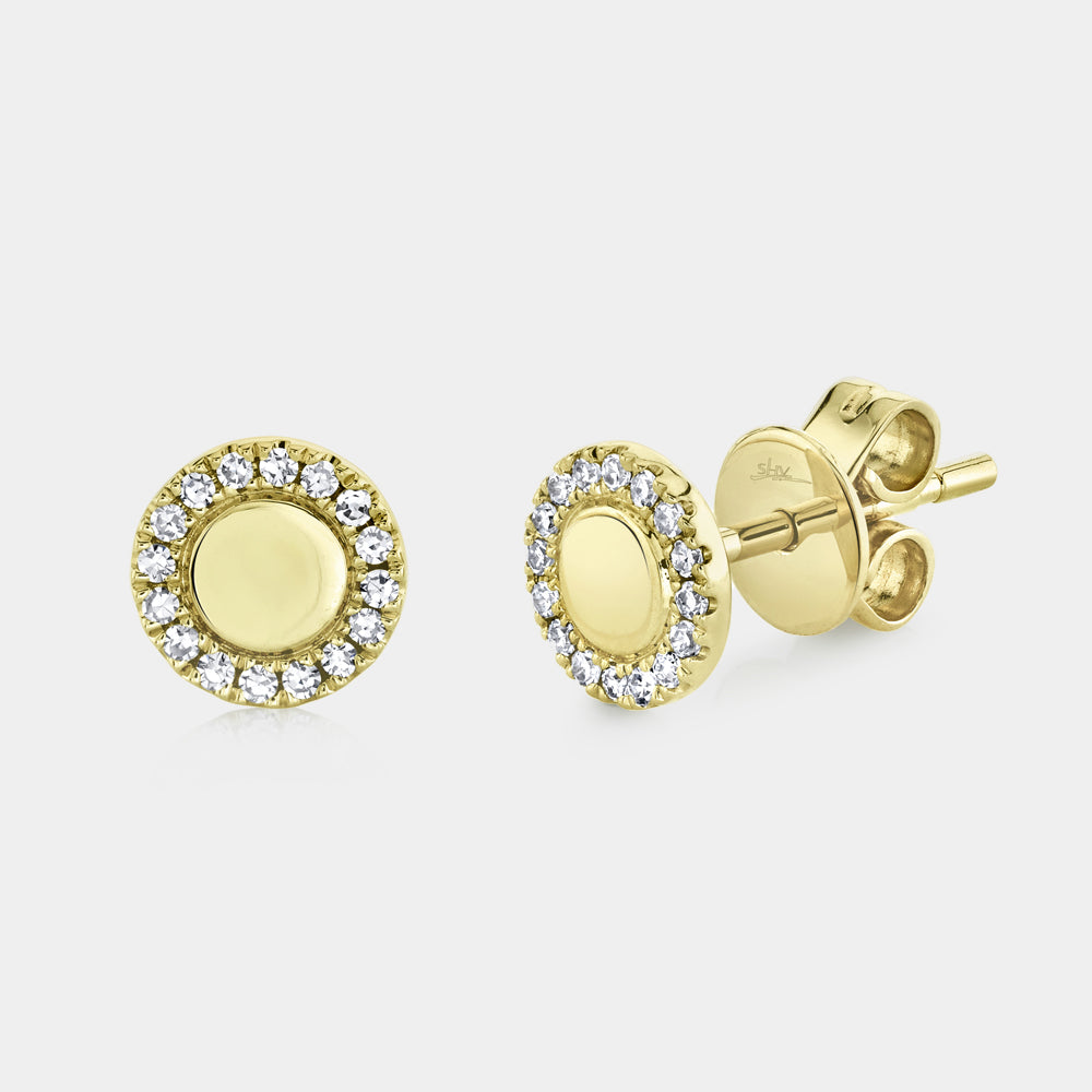 Yellow gold polished center with diamond halo stud earrings, front angle view