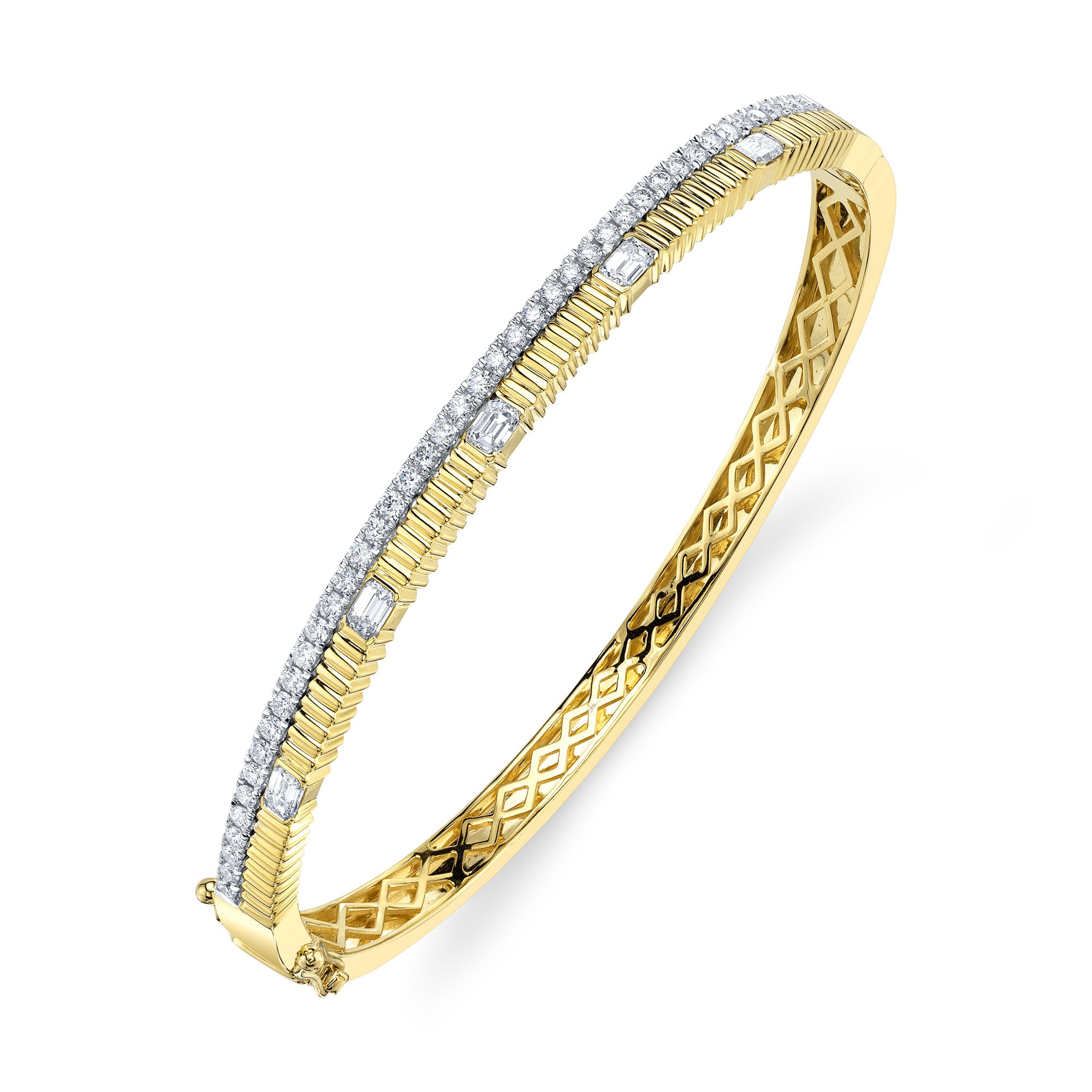 Yellow gold diamond ribbed bangle bracelet, side angle view