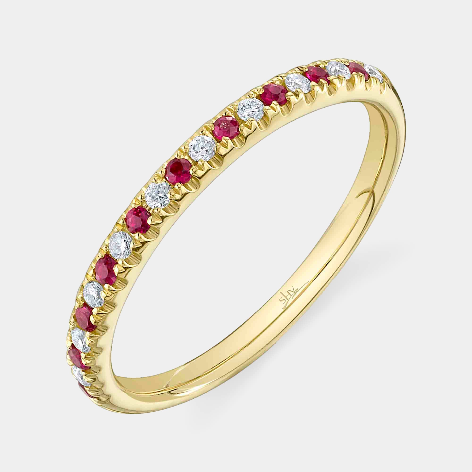 Yellow gold, ruby and diamond stacking fashion ring, front angle view