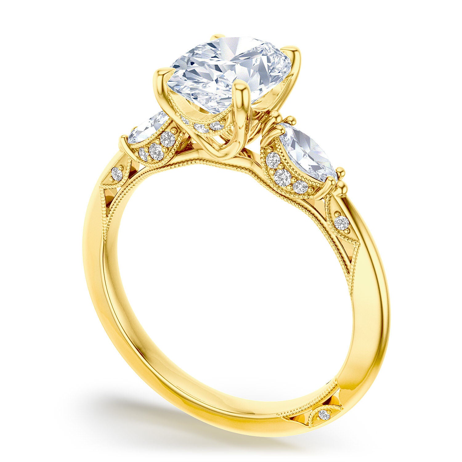 Oval 3-Stone 18k Yellow Gold Engagement Ring - 2685