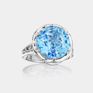 Sterling Silver and White Gold Round Swiss Blue Topaz Ring