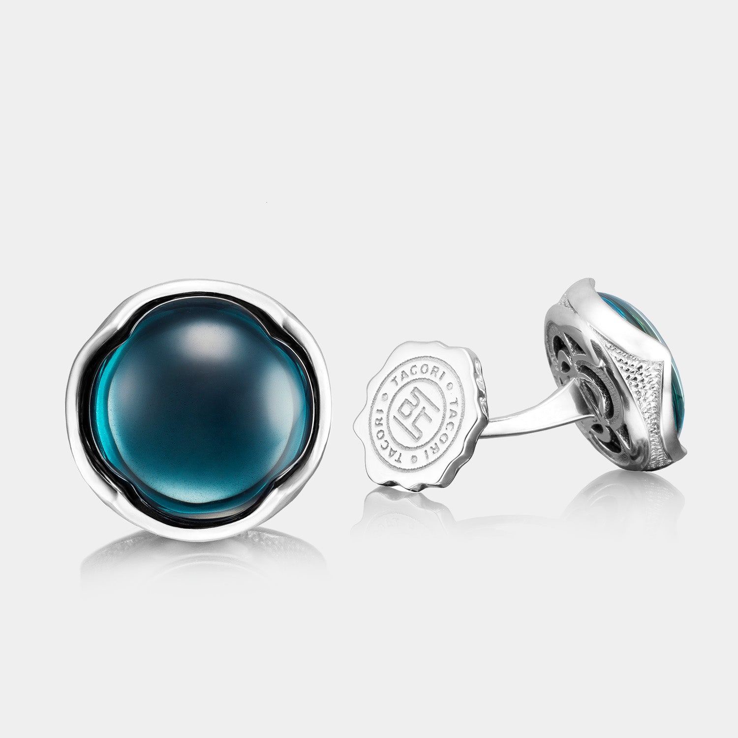 Men’s Sterling Silver Round Sky Blue Hematite Cufflinks on grey background.