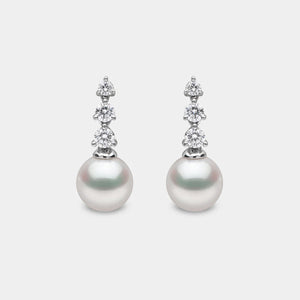 White Gold Pearl and Triple Diamond Drop Earrings