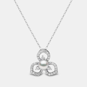 Floral Design Pearl and Diamond Pendant Necklace in White Gold