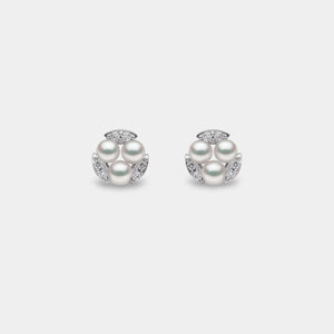 Triple Pearl and Diamond Stud Earrings in White Gold