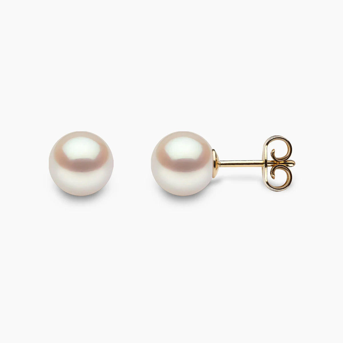 Yellow gold pearl stud earrings, front and side angle view