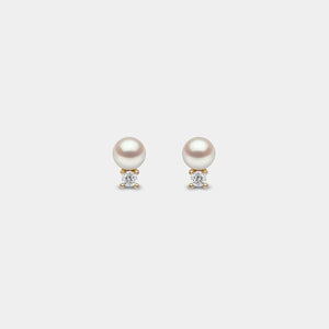 Yellow Gold Pearl Earrings with Diamond Accents - 4mm