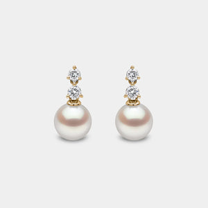 Yellow Gold Pearl and Double Diamond Drop Earrings