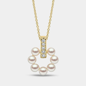 Pearl and Diamond Moon Pendant Necklace in Yellow Gold