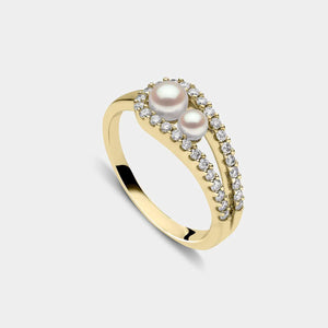 Double Pearl and Diamond Ring in 18K Yellow Gold